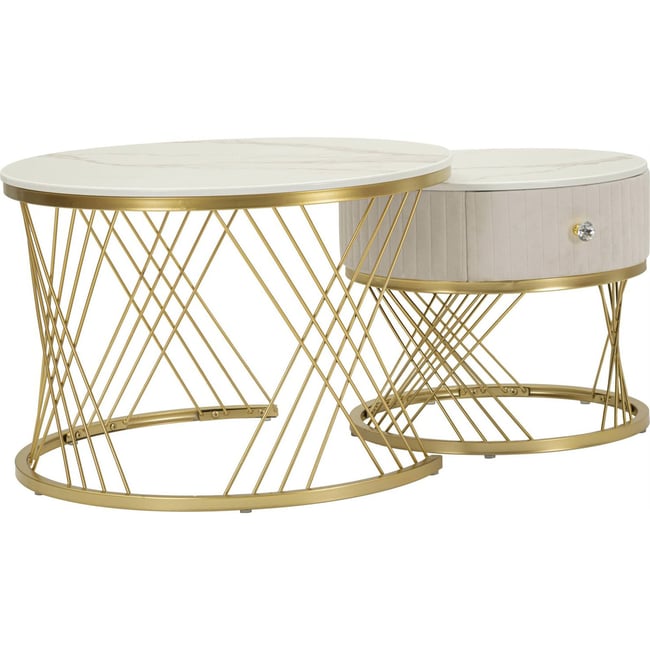 Tables basses gigognes plateau effet marbre GLAM Couleur crème et or <span itemprop=