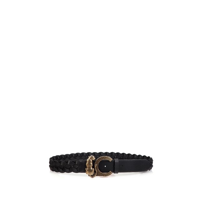 Ceinture avec effet cuir tressé et boucle logo animal noir <span itemprop=