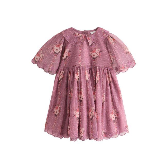 Robe soirée manches courtes col dentelle violet à fleurs <span itemprop=