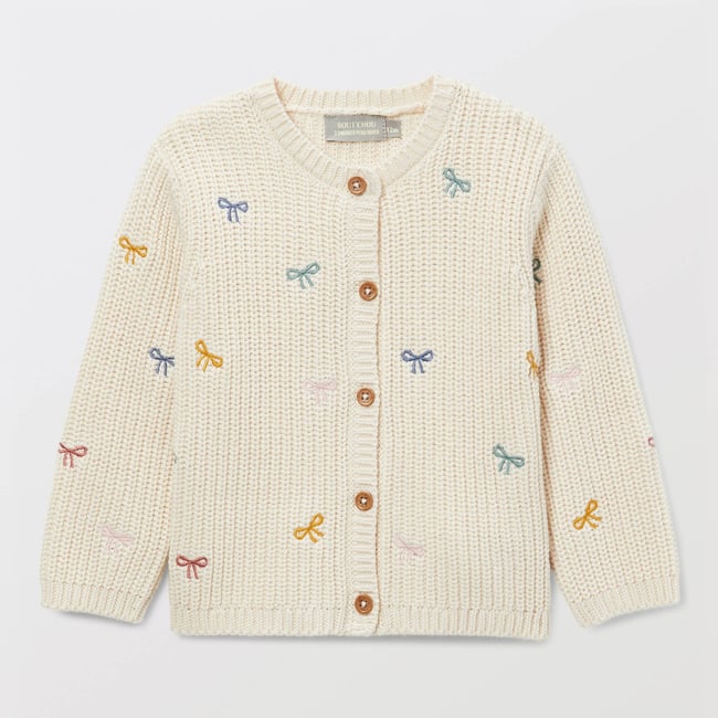 Cardigan tricot brodé en coton naturel <span itemprop=