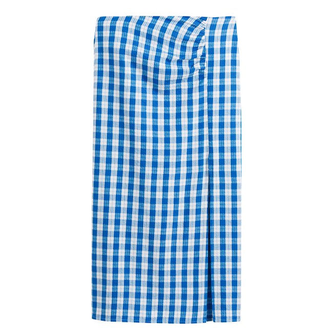 Falda larga efecto pañal, de cuadros cuadros azul/blanco <span itemprop=