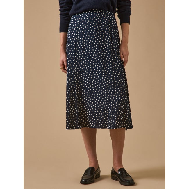 Jupe mi-longue  imprimé pois pois ecru fond encre <span itemprop=