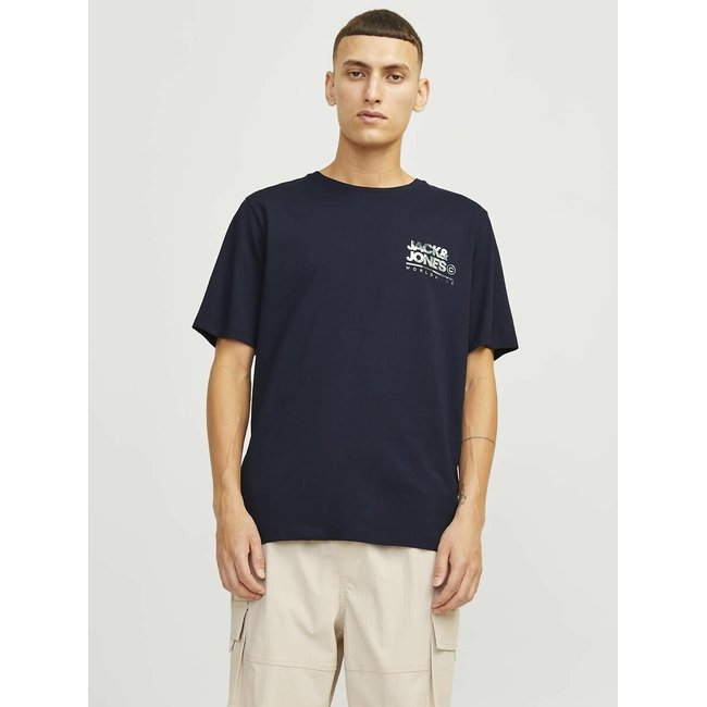 Logo Print Cotton T-Shirt with Crew Neck, navy blue, JACK & JONES