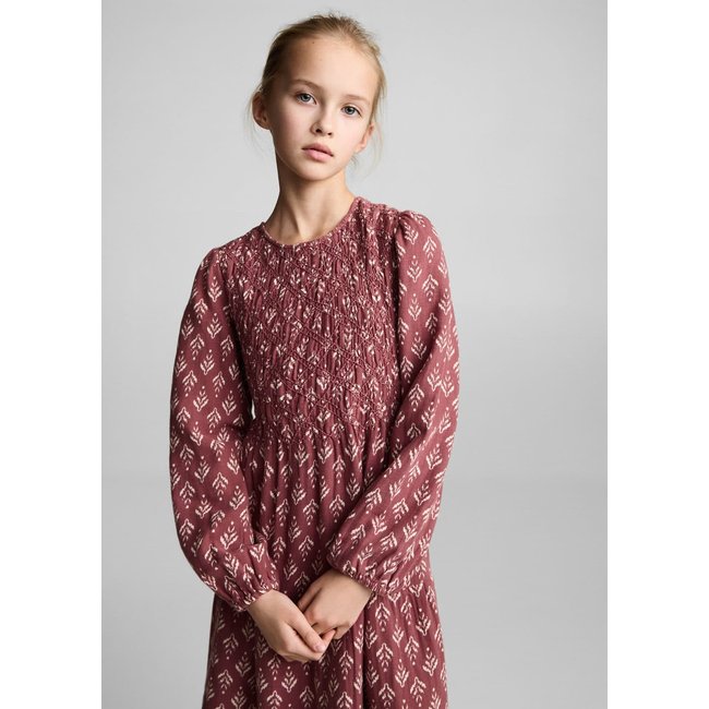 Robe imprimée à volants grenat <span itemprop=