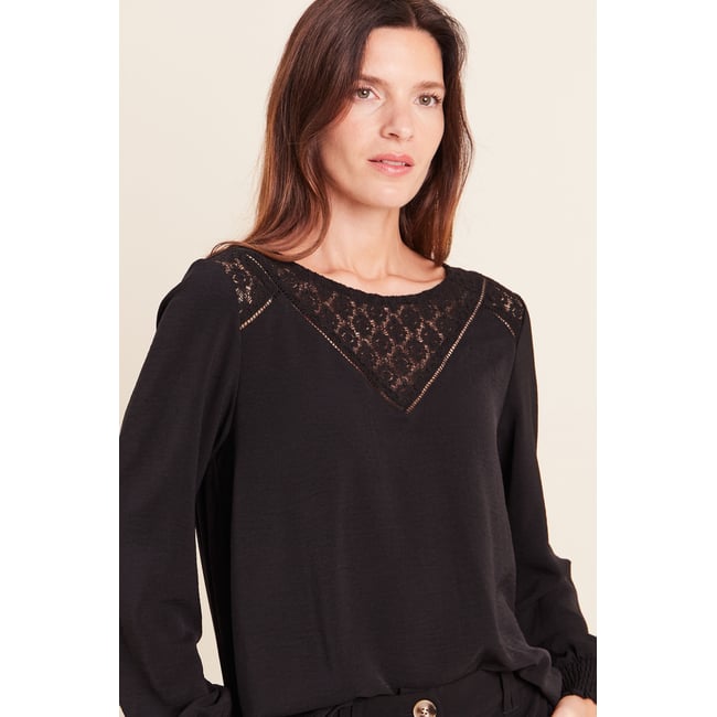 Blouse droite manches longues dentelle noir <span itemprop=