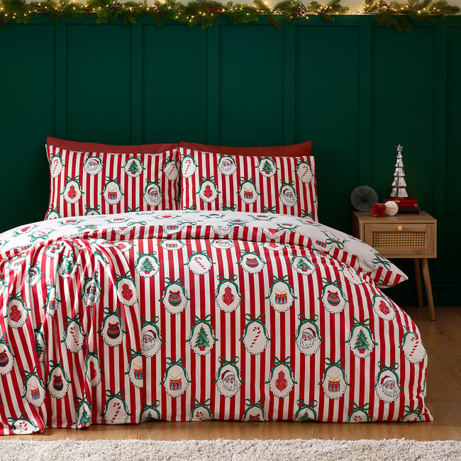 Vintage Stripe Christmas Reversible Duvet Cover and Pillowcase Set, red, CATHERINE LANSFIELD