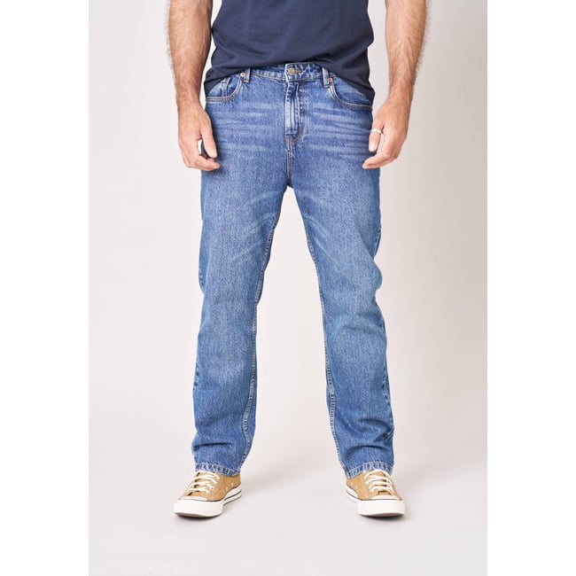 Jean straight homme en 100% coton bleu délavé SAUL stone used <span itemprop=