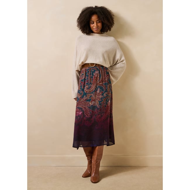 Jupe midi évasée smocks et imprimé petrole <span itemprop=
