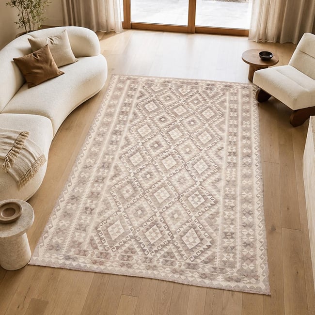 Tapis kilim géométrique, tissé à plat en laine, KILIM 47 Couleur beige, crème, gris <span itemprop=