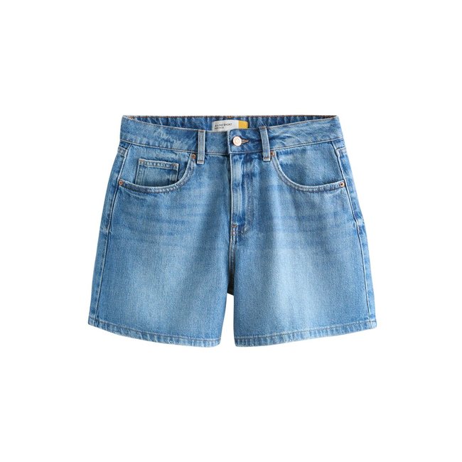 Short en denim taille haute coupe trapèze bleu moyen <span itemprop=