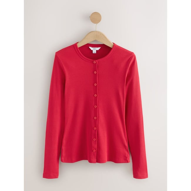 T-shirt côtelé manches longues à col tunisien rouge <span itemprop=