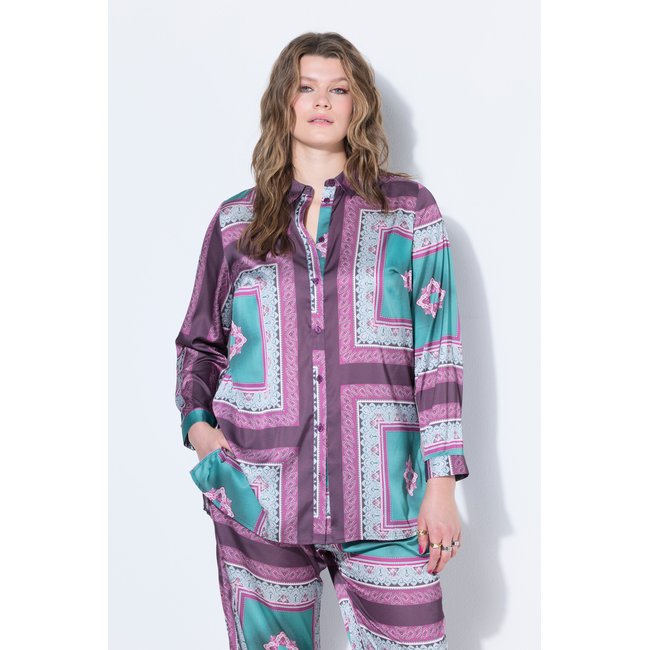 Chemisier droit en satin, imprimé foulard menthe bleue <span itemprop=