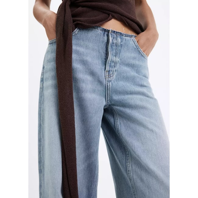 Jean wide leg à taille effilochée bleu moyen <span itemprop=