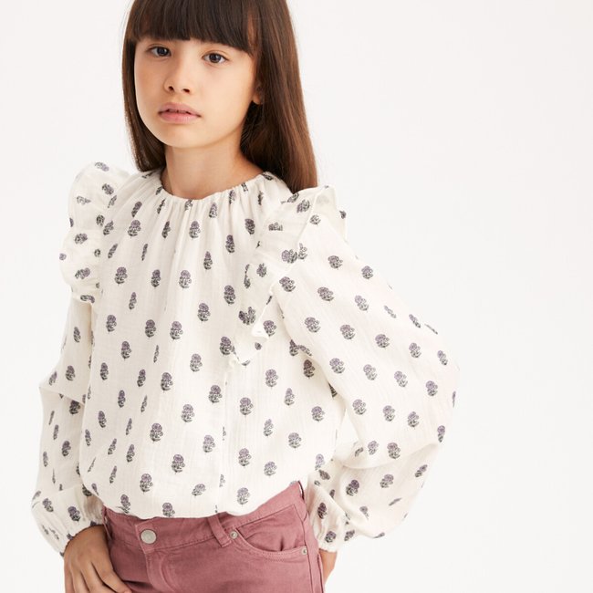 Geblümte Bluse aus Baumwoll-Musselin ecru bedruckt <span itemprop=