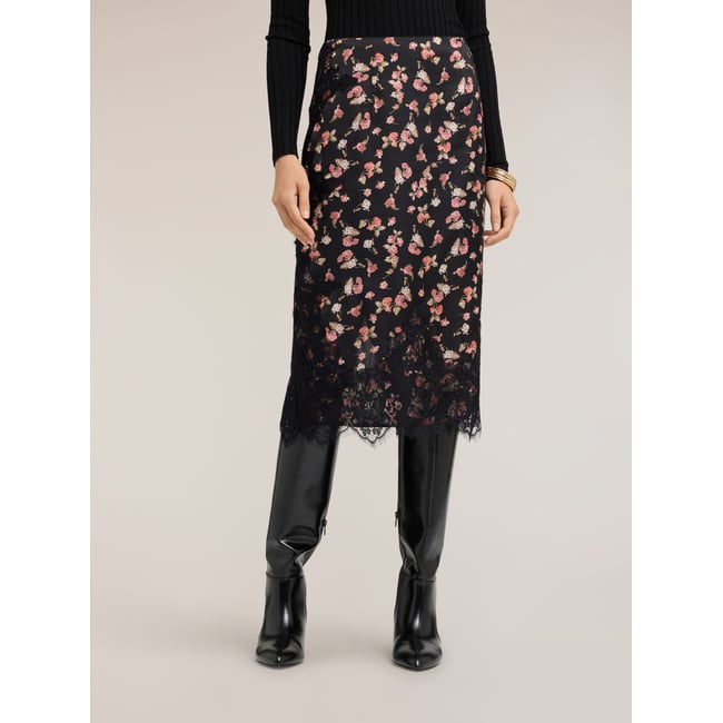 Jupe crayon avec imprimé floral et dentelle noir <span itemprop=