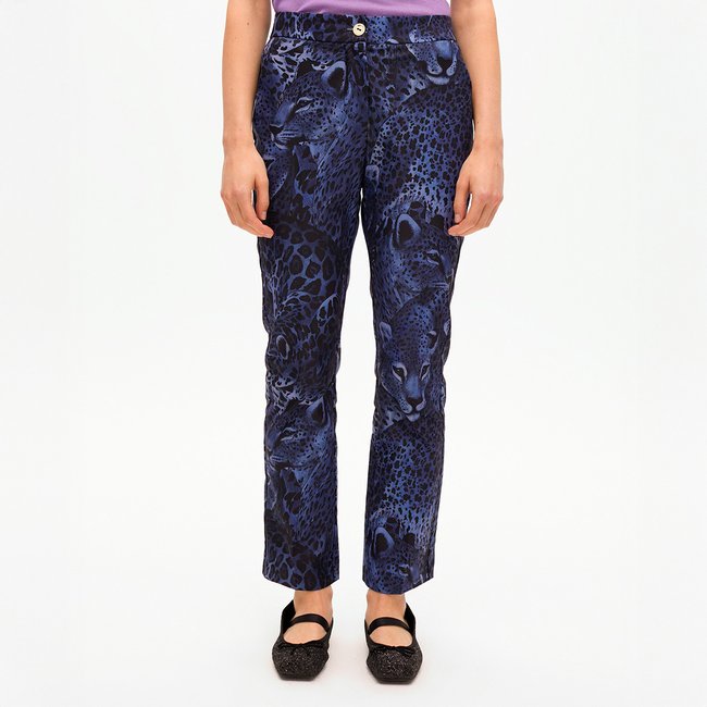 Pantalon classique droit imprimé léopard en satin bleu roi <span itemprop=