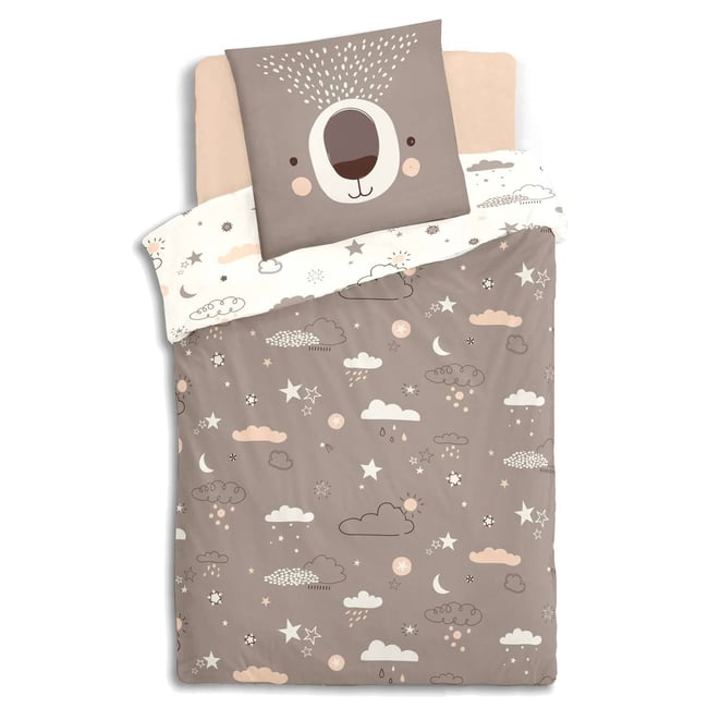 Parure de lit enfant 100% coton réversible OURSON marron <span itemprop=