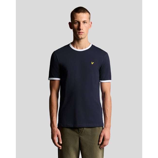 T-shirt ringer en coton col rond bleu foncé marine/ blanc <span itemprop=