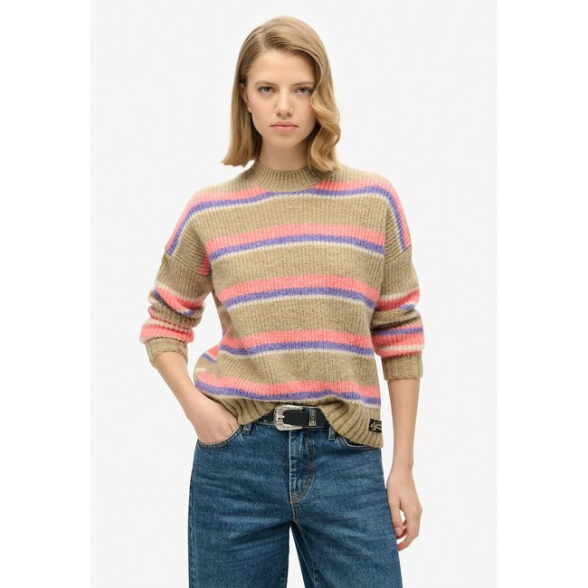 Jersey ras de cuello de rayas múltiples marrón <span itemprop=