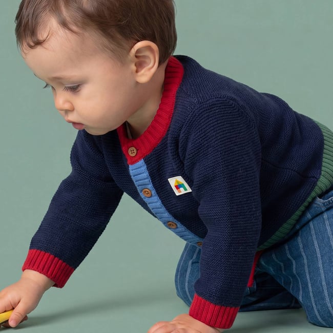 Cardigan en point mousse en coton pierre bleue <span itemprop=