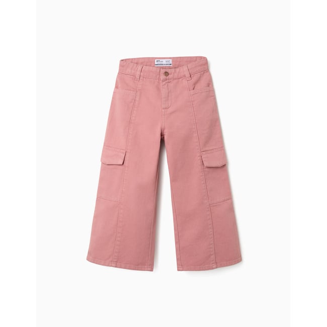 Pantalon en sergé à jambe large avec poches cargo rose <span itemprop=