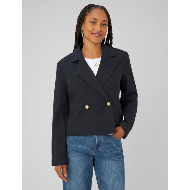 Blazer court rayé bleu foncé <span itemprop=