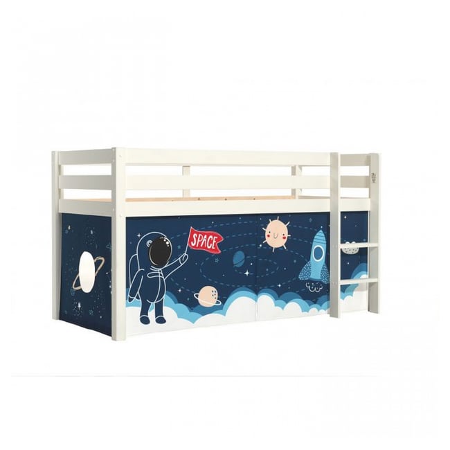 Lit enfant surélevé avec toboggan + rideau pour lit en hauteur en 4 parties espace Vipack | La