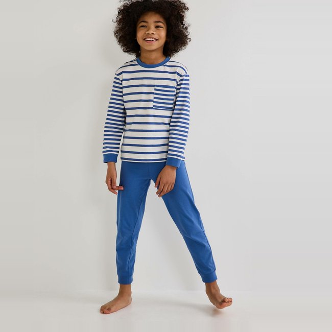 Pyjama manches longues rayé en jersey coton BIO GOTS gentiane <span itemprop=