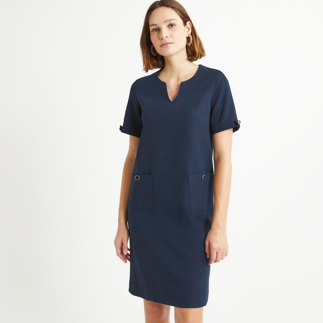 Robe droite, mi-longue, manches courtes bleu marine <span itemprop=