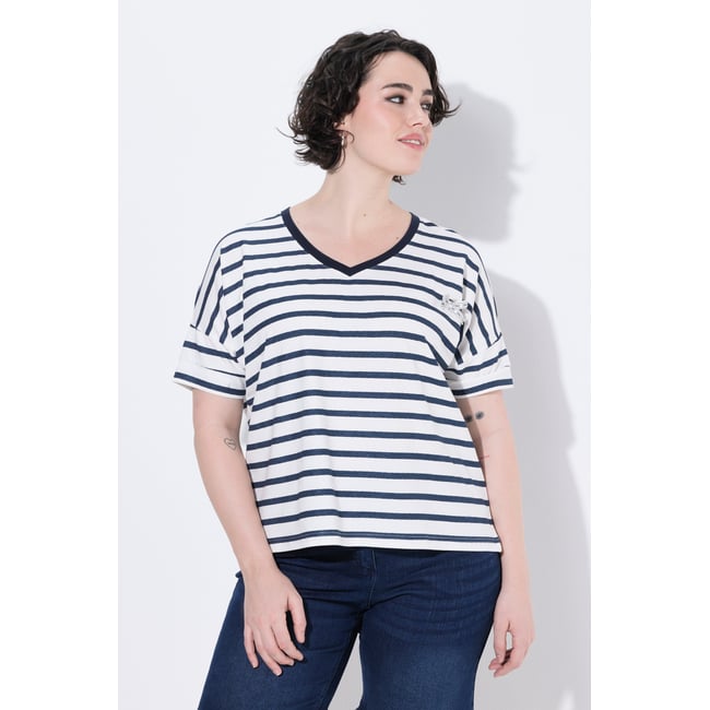 T-shirt, rayures, nœud, col en V - ULLA POPKEN