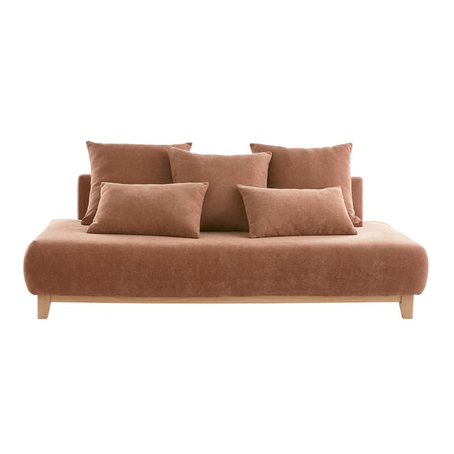Canapé design 3 places en tissu effet velours texturé et bois clair L200 cm ODEON Couleur terra cotta <span itemprop=