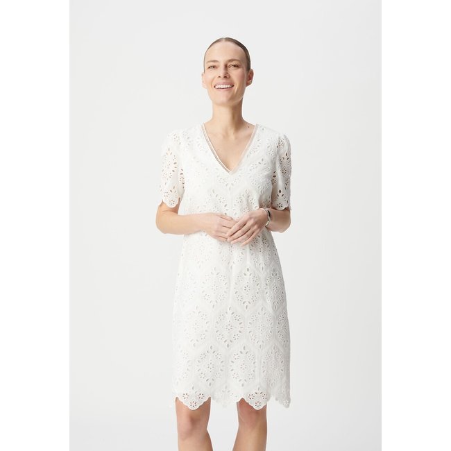 V-neck dress in broderie anglaise, short sleeves, ecru, IKKS