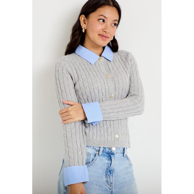 Gilet col chemise manches longues gris clair <span itemprop=