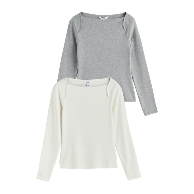 Haut en maille côtelée ras du cou, lot de 2 gris/blanc <span itemprop=