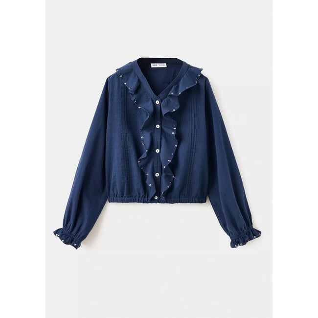 Blouse à volants détail sequins bleu marine <span itemprop=