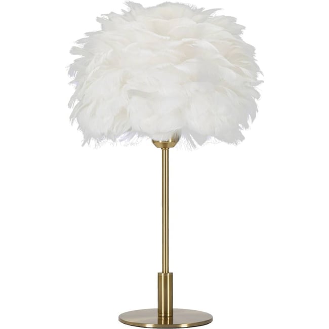 Lampe à poser pied en fer abat-jour plumes GLAM Couleur blanc et doré <span itemprop=