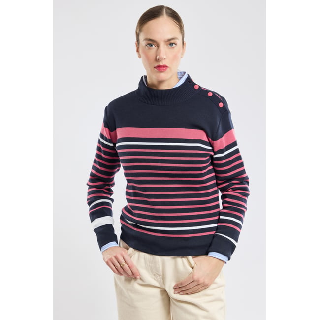 Pull marin en laine rich navy/framboise/nature <span itemprop=