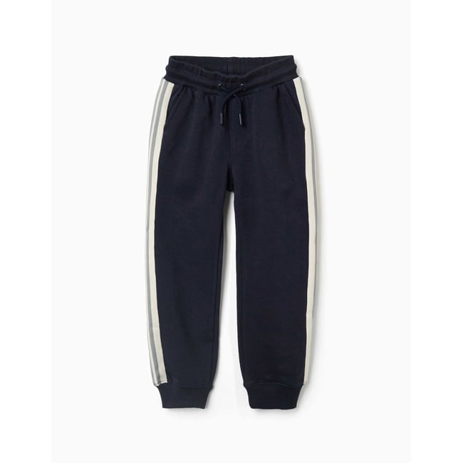 Pantalon de jogging en coton avec bande à rayures bleu foncé <span itemprop=