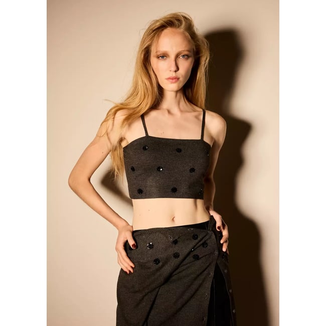 Top crop avec perles gris anthracite <span itemprop=