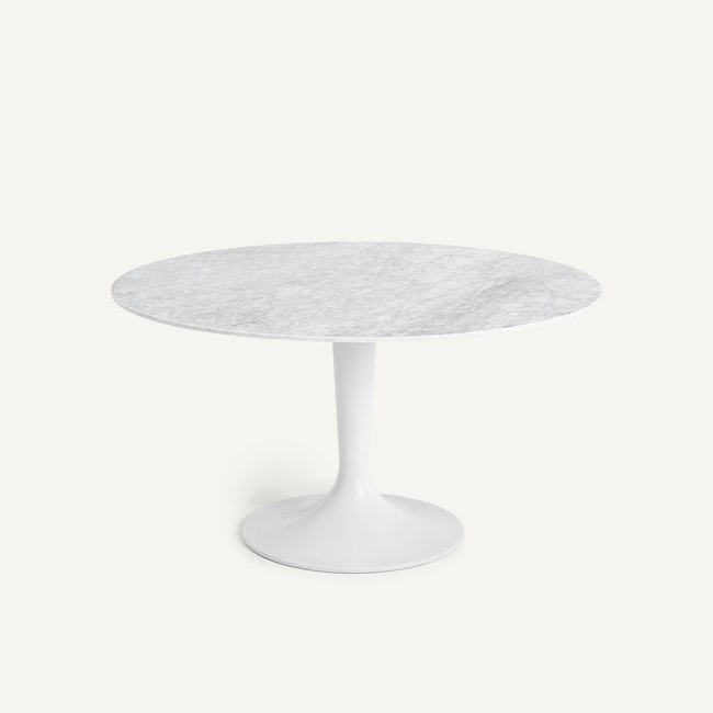 Tavolo Da Pranzo Rotondo Moderno 76 Cm: Bistrot Con Piano Finto Marmo Bianco E Base In Metallo - 3