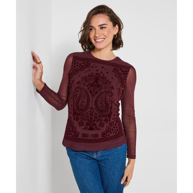 Henley en Mesh à Manches Longues et Imprimé Floqué marron <span itemprop=