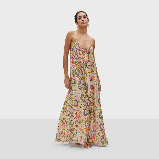 Robe longue à bretelles fines abricot <span itemprop=