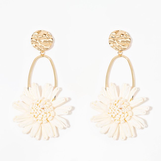 Boucles d'oreilles fleur en raphia ivoire ivoire <span itemprop=