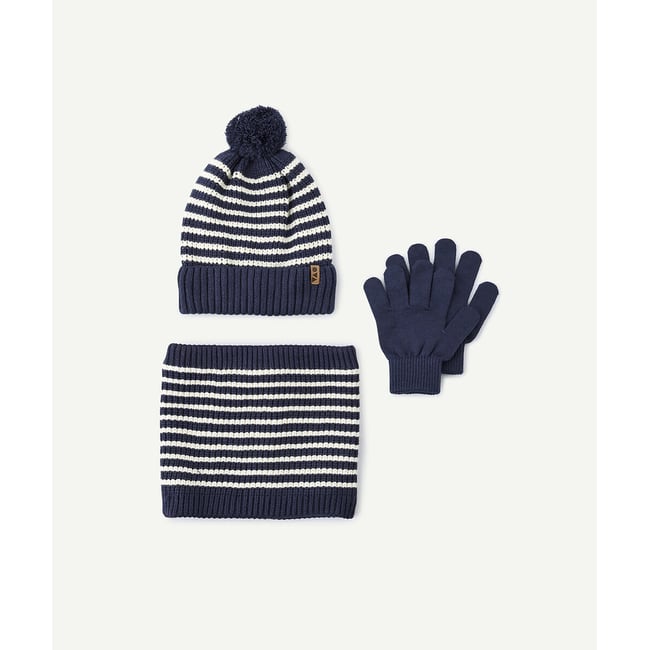Ensemble 3 pièces, bonnet + gants + snood bleu marine <span itemprop=
