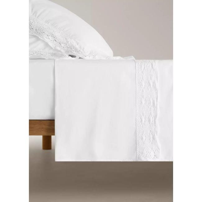 Drap plat coton garment-dyed dentelle large Lit 180/200 cm blanc <span itemprop=