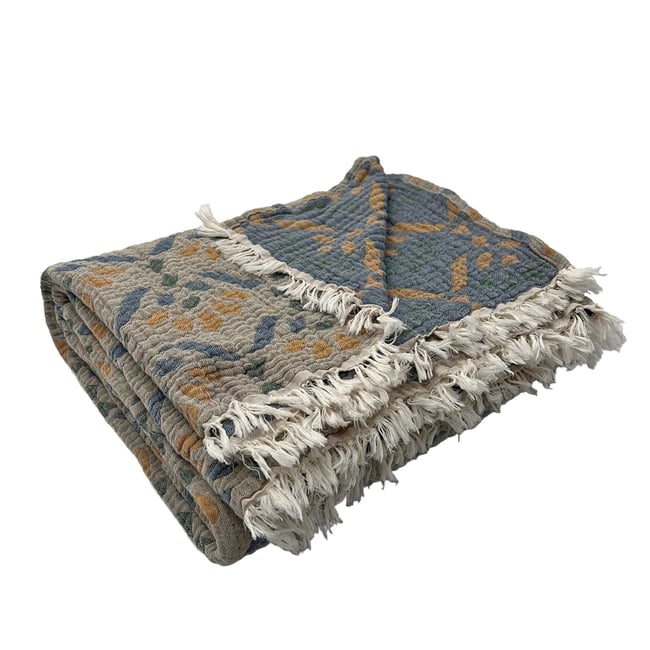 Plaid en gaze de coton lavée à motif végétal sauge <span itemprop=