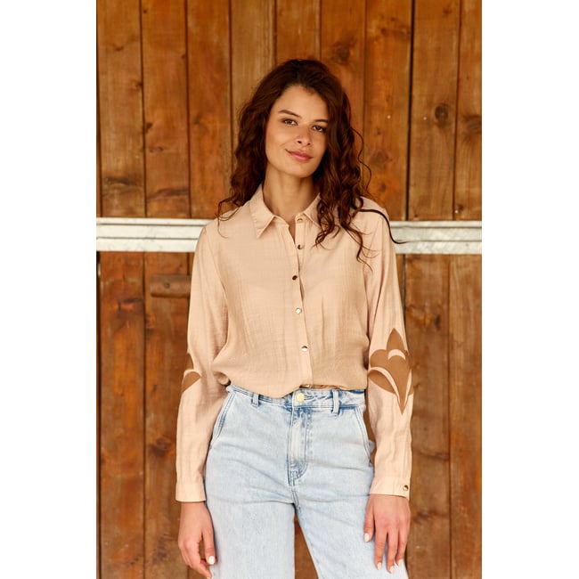 Chemisier manches longues col chemise imprimé broderie CLEMATITE 13-beige <span itemprop=