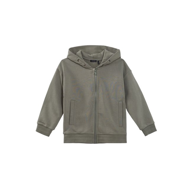 Cardigan à capuche maxi typo brodées dos vert kaki <span itemprop=