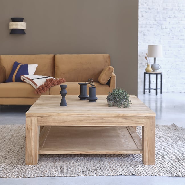 Table basse en teck massif 100 cm double plateau  BOSTON Couleur naturel <span itemprop=