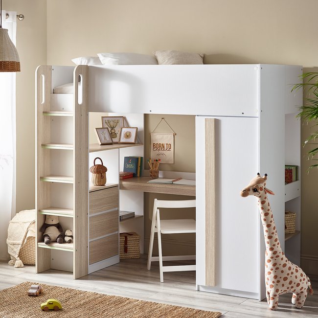 Esra High Sleeper Bed with Desk, white/wood, SO'HOME